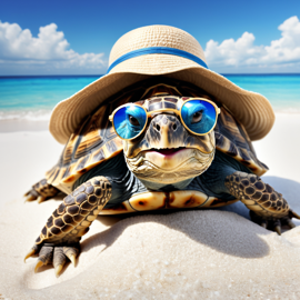 russian tortoise turtle/tortoise on a beach with white sand and blue sea, wearing sunglasses and summer hat.