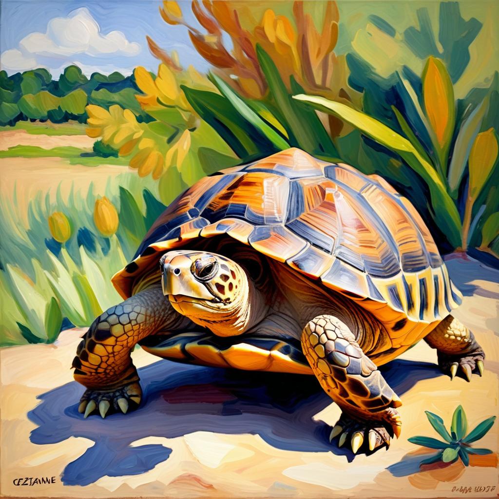 russian tortoise turtle/tortoise in the style of cezanne, highlighting classic brush strokes and an elegant, timeless look.