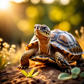 russian tortoise turtle/tortoise in golden hour light, highlighting their beauty in nature with a moody and detailed atmosphere.