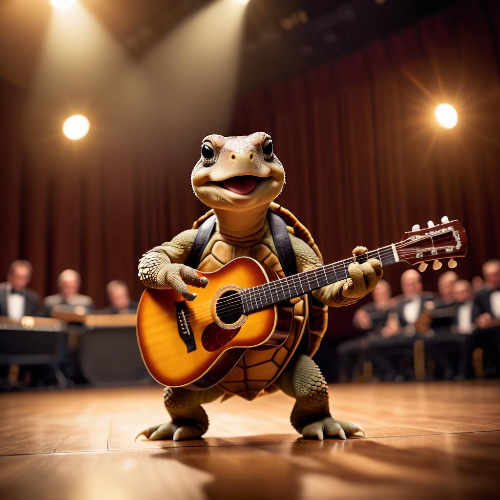 russian tortoise turtle/tortoise as a musician playing guitar in a cinematic concert hall, capturing dynamic and high-energy performance.