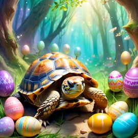 russian tortoise turtle/tortoise in a magical easter setting with colorful eggs, ethereal and dreamy details.