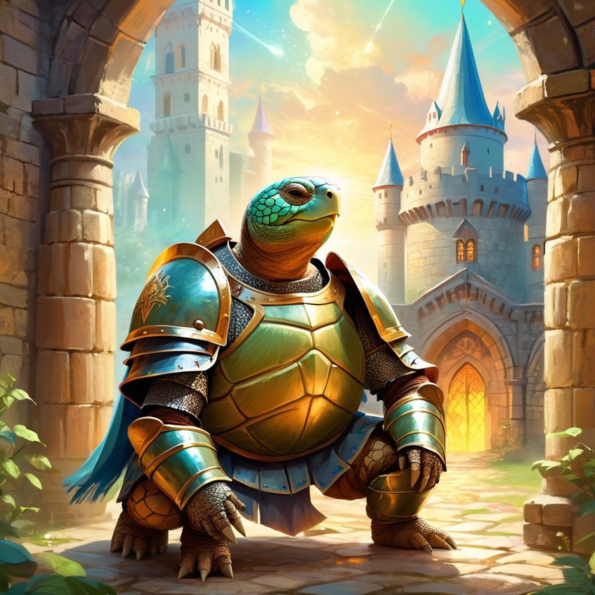 russian tortoise turtle/tortoise as a medieval knight in a majestic castle, ethereal and painterly style.