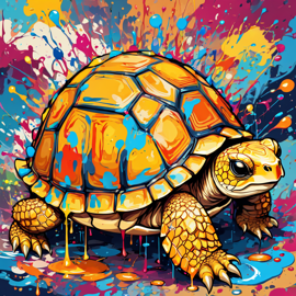 russian tortoise turtle/tortoise in pollock's drip technique, capturing dynamic and colorful modern art.