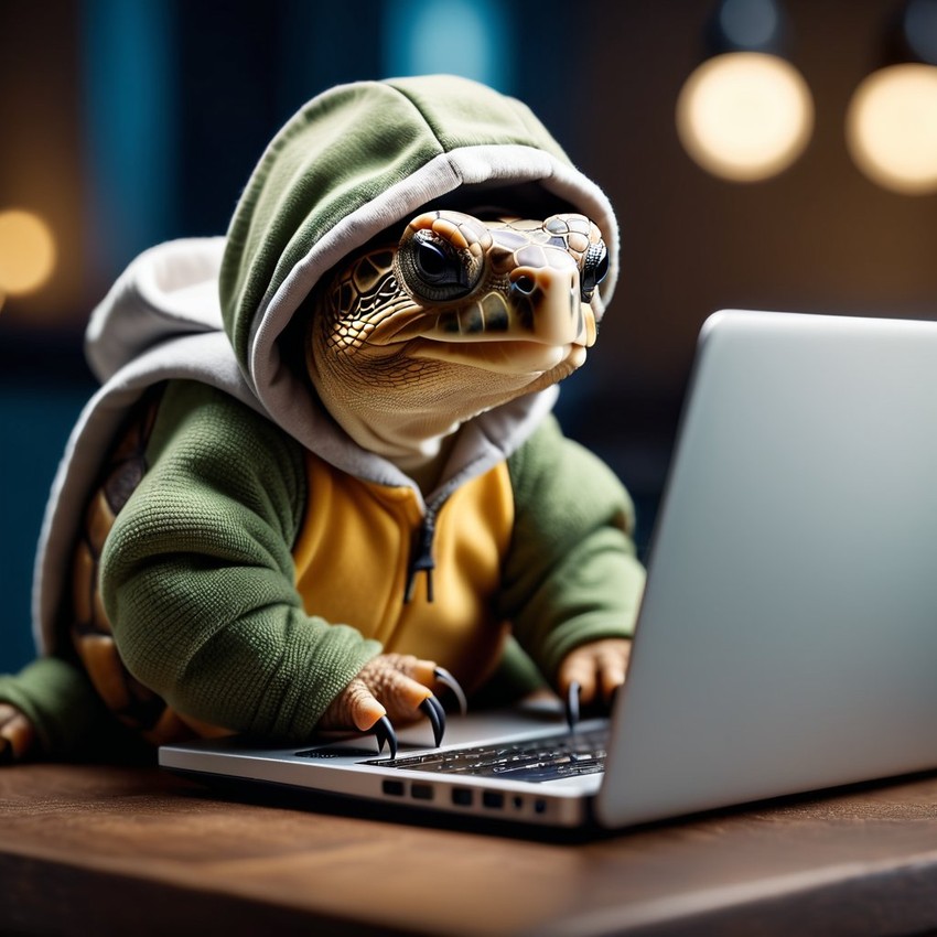 russian tortoise turtle/tortoise as a programmer, working on a laptop in a hoodie, capturing a cute and happy moment.