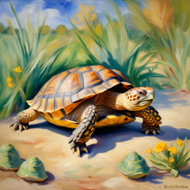 russian tortoise turtle/tortoise in the style of renoir, showcasing classic artistic brush strokes and timeless elegance.