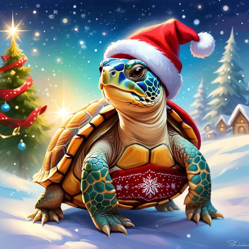 russian tortoise turtle/tortoise in a christmas sweater and santa hat, ethereal and magical.