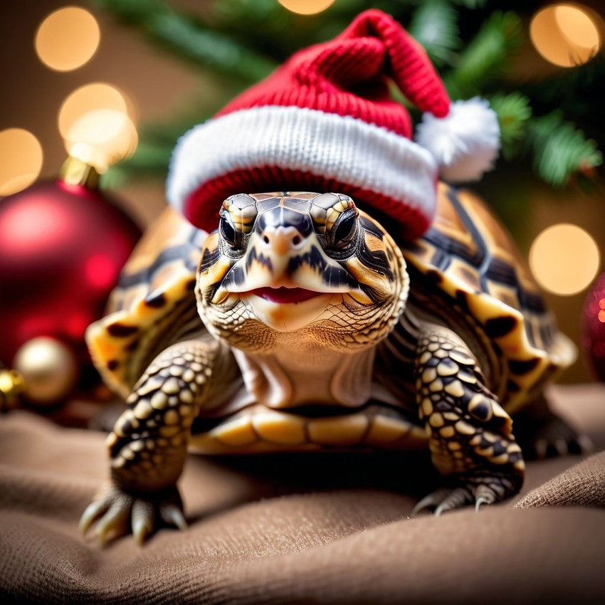 russian tortoise turtle/tortoise in a christmas sweater and santa hat, festive and detailed.