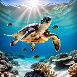 russian tortoise turtle/tortoise swimming in a vibrant blue ocean with fish and coral reef, capturing a sunny and happy underwater scene.