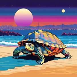 anime artwork of russian tortoise turtle/tortoise in city pop style, retro vaporwave, night view, summer beach scene.