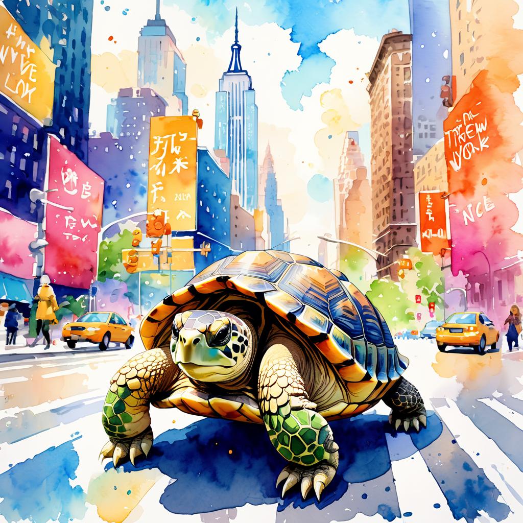 russian tortoise turtle/tortoise in new york, rendered in a vibrant watercolor illustration, with a highly detailed and happy depiction.