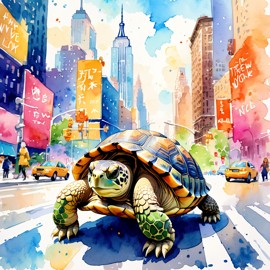 russian tortoise turtle/tortoise in new york, rendered in a vibrant watercolor illustration, with a highly detailed and happy depiction.