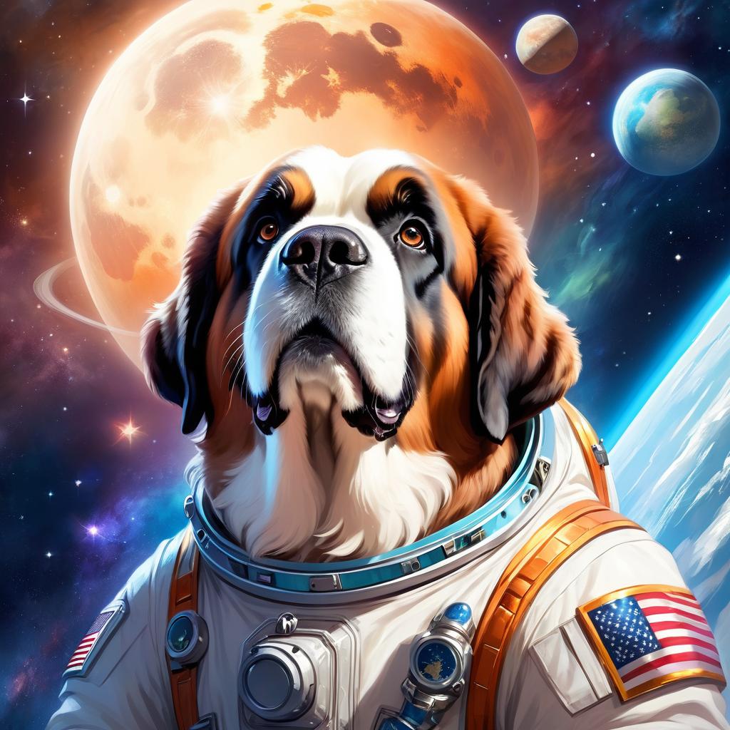 saint bernard as astronaut in space, ethereal and magical style, wearing spacesuit.