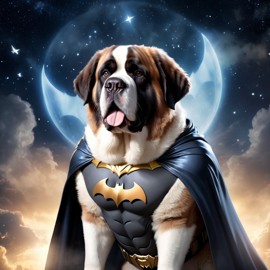 saint bernard as batman, ethereal and majestic, wearing batman suit and mask.