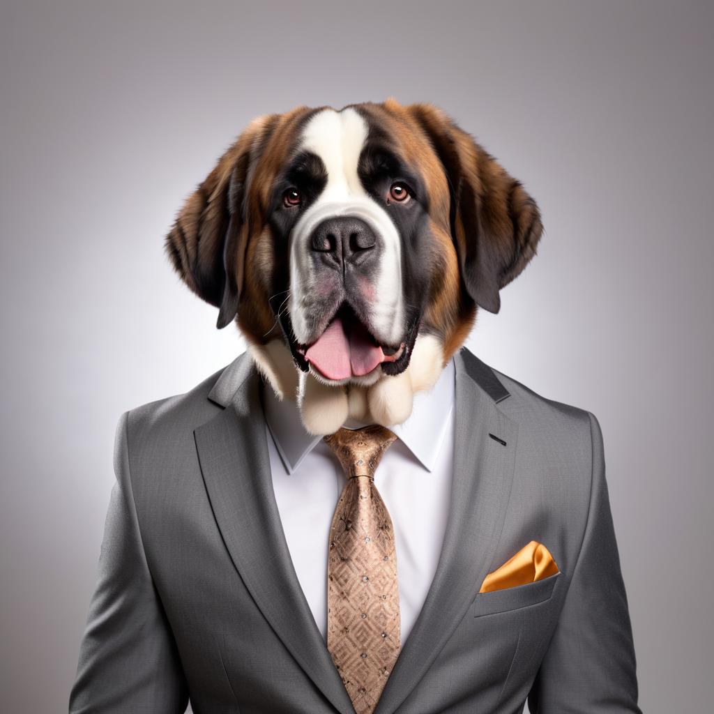 professional headshot of saint bernard wearing a stylish suit for a cv or linkedin, studio photo.