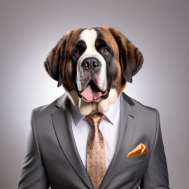 professional headshot of saint bernard wearing a stylish suit for a cv or linkedin, studio photo.