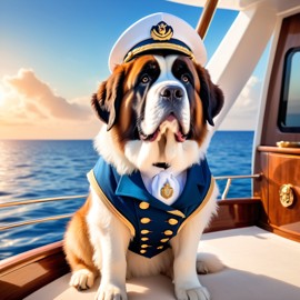 saint bernard as a captain on a luxury yacht, wearing captain uniform, ethereal and majestic.