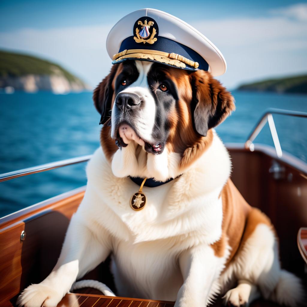 saint bernard as a captain on a luxury yacht, wearing captain uniform, against a blue sea.