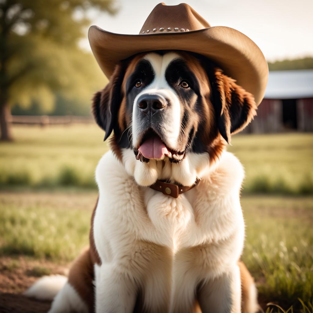 saint bernard as a cowboy wearing a hat, in the midwest countryside, on a farm.