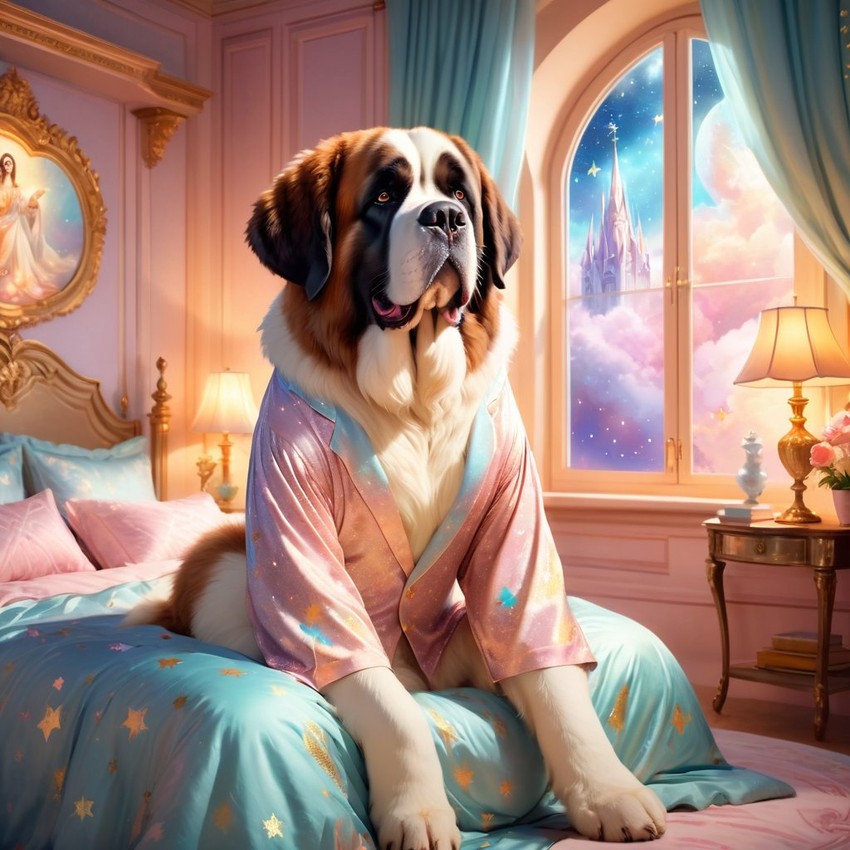 saint bernard in cute pyjamas, relaxing in a posh bedroom, capturing an ethereal and happy moment.