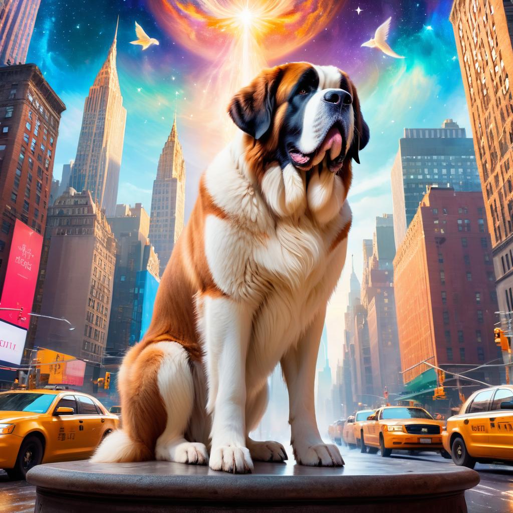 saint bernard in new york depicted in ethereal fantasy art, with a magical and celestial backdrop.