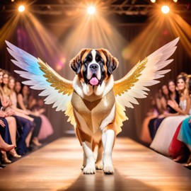 saint bernard strutting down the fashion show catwalk stage in a magical fairytale dress with glittering wings, high energy and magical.