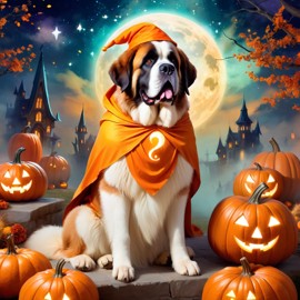 saint bernard in a halloween costume, with a magical and ethereal atmosphere surrounded by pumpkins.