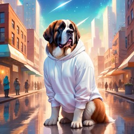 saint bernard in a white hoodie, featuring a magical and ethereal urban setting with a cute and happy vibe.