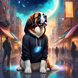 saint bernard in a black hoodie, set in a magical urban environment with a celestial and cute appearance.