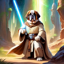 saint bernard as a jedi knight, with a lightsaber and star wars backdrop in a celestial, painterly style.