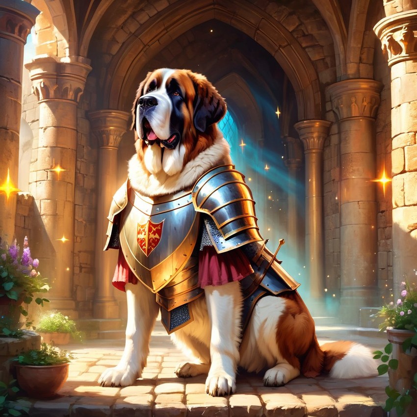 saint bernard as a medieval knight in a majestic castle, ethereal and painterly style.