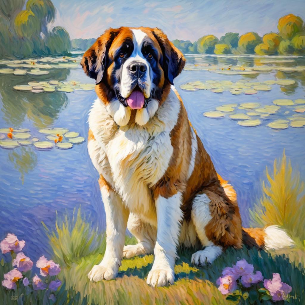 saint bernard in the style of monet, featuring delicate brush strokes and a classic, artistic appearance.