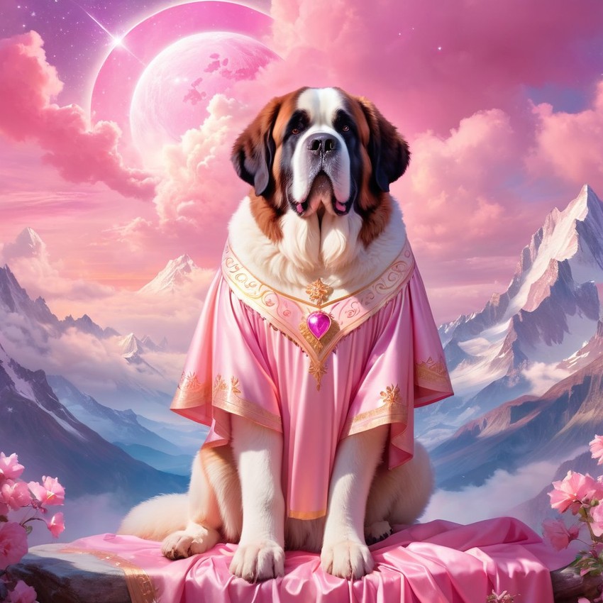 saint bernard in pink clothing, set in a beautiful pink scene with a dreamy, magical vibe.