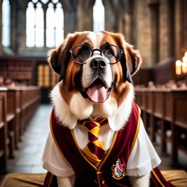 saint bernard as harry potter, with glasses and hogwarts setting, capturing the magical and epic essence.