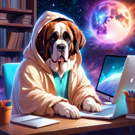 saint bernard as a programmer, working on a laptop in a hoodie, capturing a cute and magical moment.