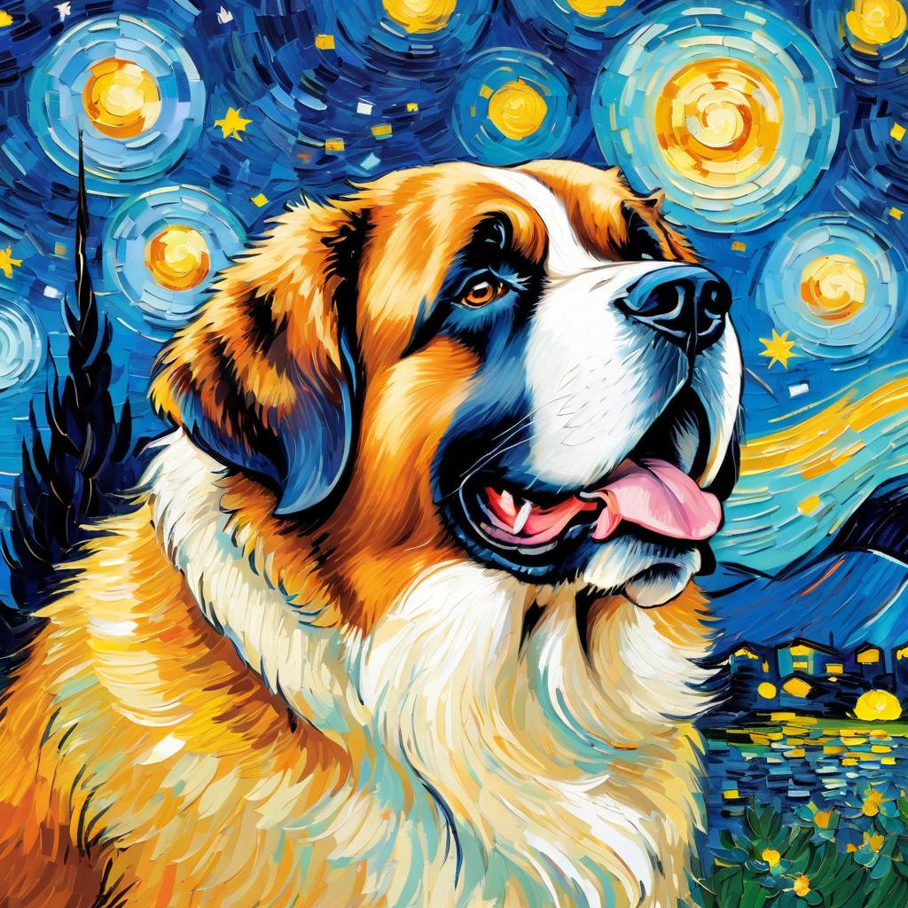 saint bernard by van gogh, featuring starry night brush strokes, capturing a cute and happy expression.