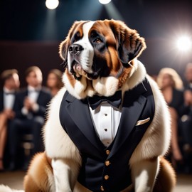 saint bernard in a classy suit on a fashion stage, showcasing elegance and charm in a highly detailed, epic scene.