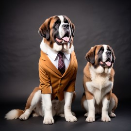 saint bernard in a stylish suit, posing against a diffused background, looking cute and professional.