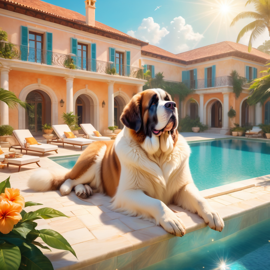 saint bernard suntanning next to a luxurious villa pool, capturing a posh and magical moment.