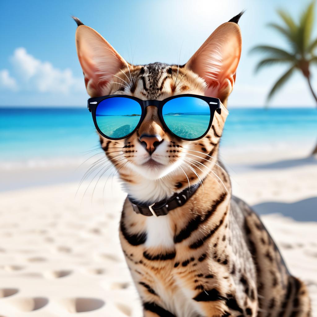 savannah cat on a beautiful beach with white sand and blue sea, wearing sunglasses.