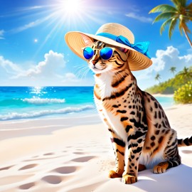 savannah cat on a beach with white sand and blue sea, wearing sunglasses and summer hat.