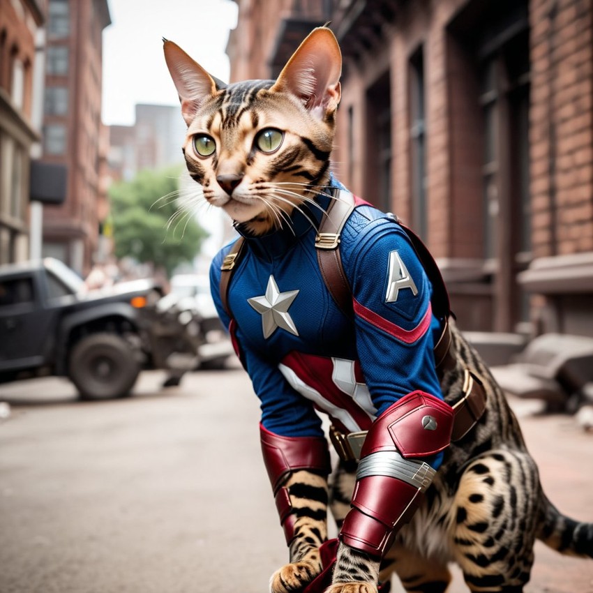 savannah cat as captain america from avengers, in action, cute and happy.