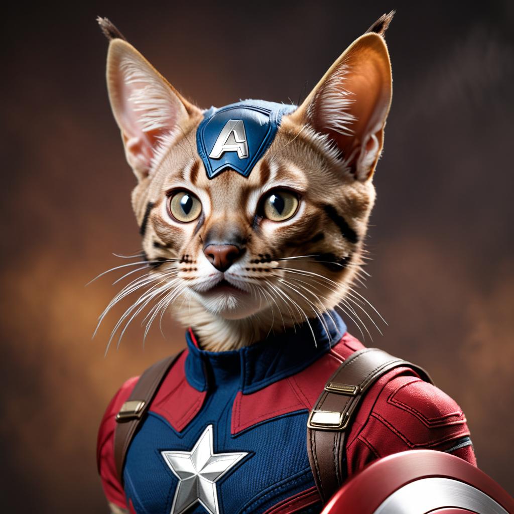 savannah cat as captain america from avengers, lifelike and highly detailed.