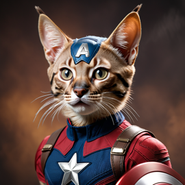 savannah cat as captain america from avengers, lifelike and highly detailed.