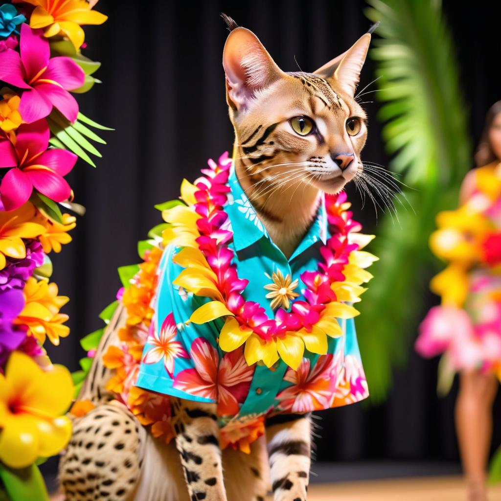 savannah cat strutting down the fashion show catwalk stage in a vibrant hawaiian shirt and a floral lei, high energy and joyful.