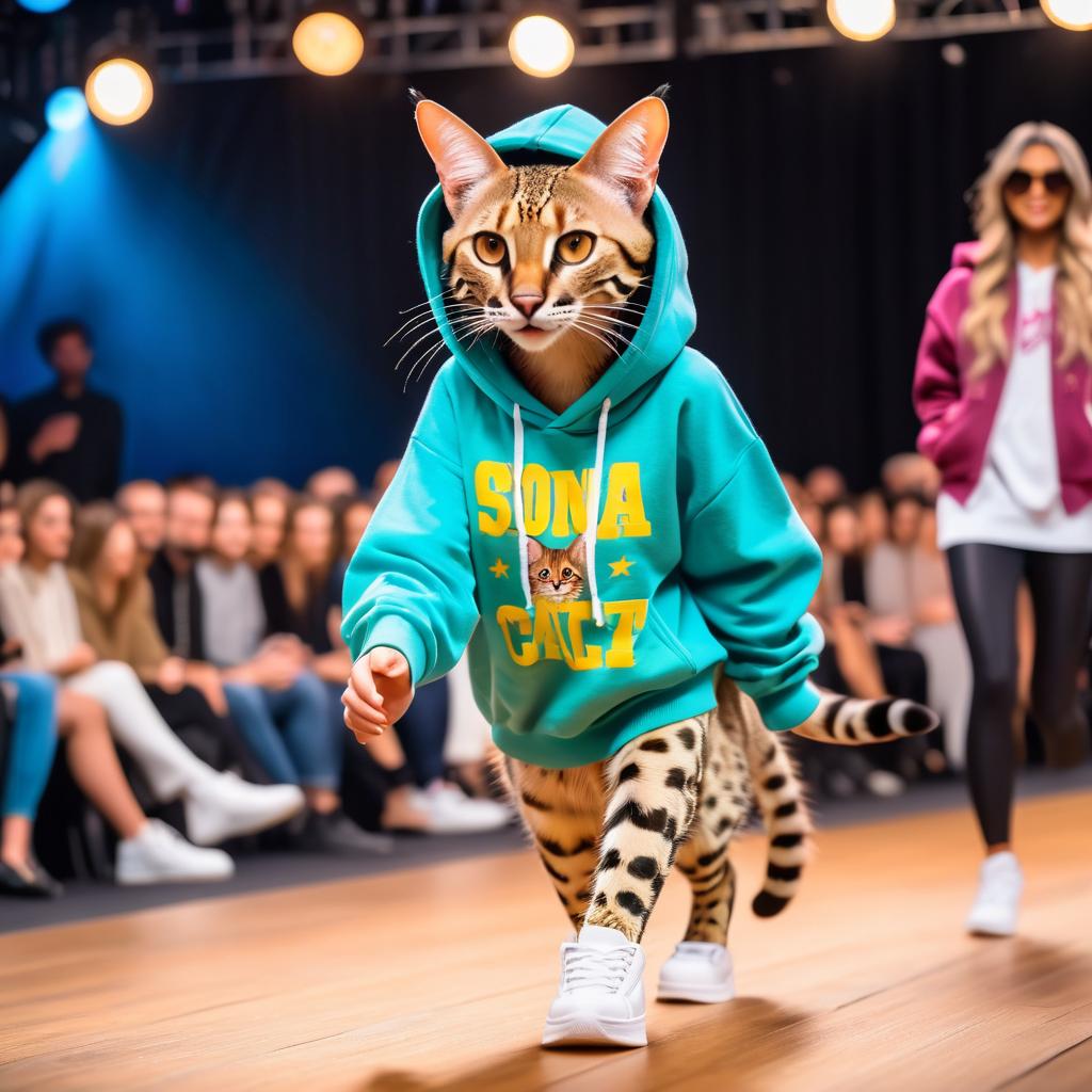 savannah cat strutting down the fashion show catwalk stage in trendy streetwear including a cool hoodie and sneakers, high energy and trendy.