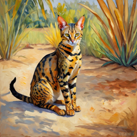 savannah cat in the style of cezanne, highlighting classic brush strokes and an elegant, timeless look.