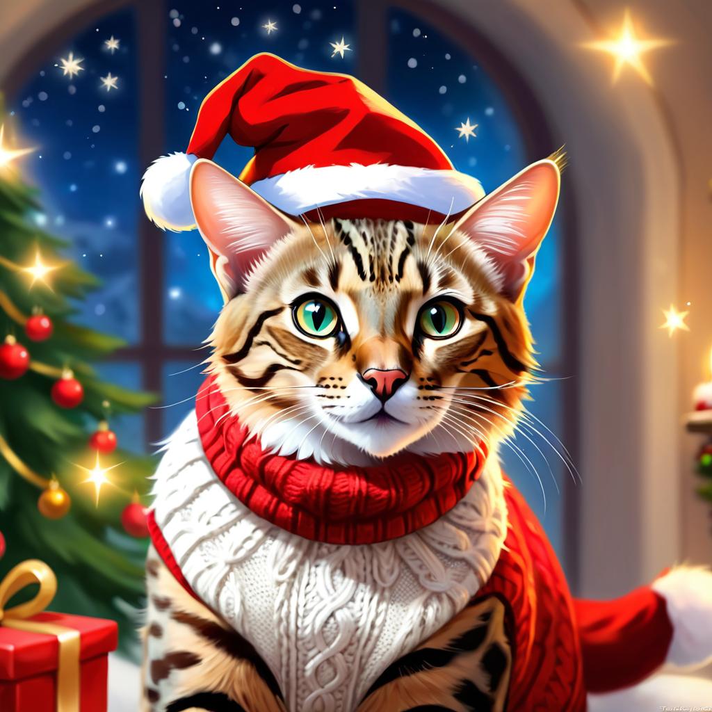 savannah cat in a christmas sweater and santa hat, ethereal and magical.