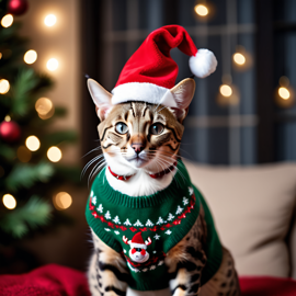 savannah cat in a christmas sweater and santa hat, festive and detailed.