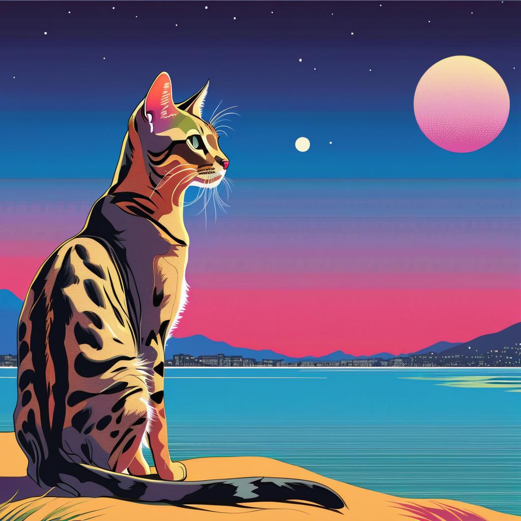 anime artwork of savannah cat in city pop style, retro vaporwave, night view, summer beach scene.