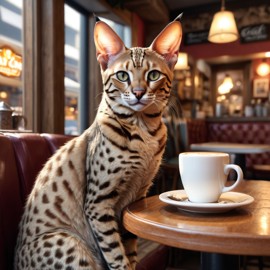 savannah cat sitting in a cozy coffee shop, lifelike and detailed.